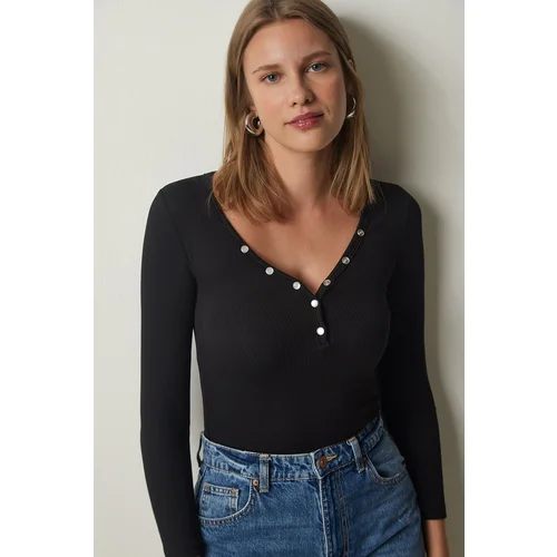  Women's Black Buttoned Collar Ribbed Crop Knitted Blouse