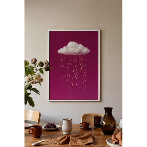 Wallxpert uramljena slika 115233, beli oblak sa zlatnim kapima ki&amp;scaron;e na ciklama pozadini, 30 x 40 cm, beli ram Slike