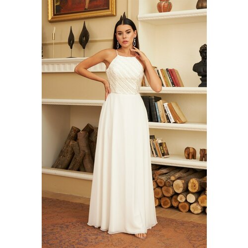 Carmen Ecru Chiffon Sequined Long Wedding Dress Slike