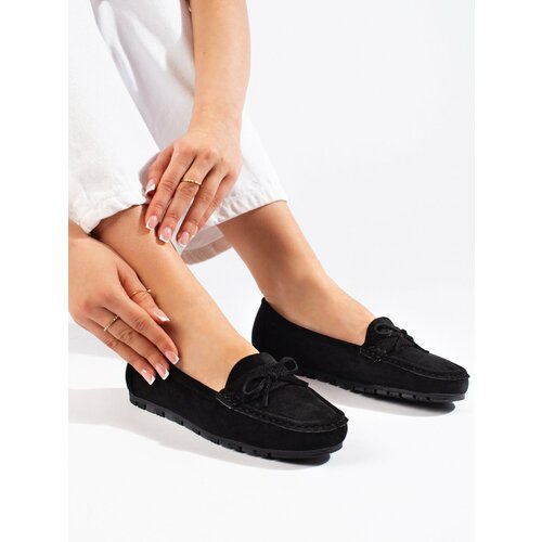 Shelvt Women's suede black loafers Slike