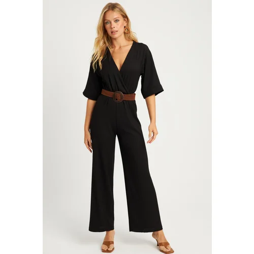 Cool & Sexy Women's Black Double Breasted Belted Wrap Jumpsuit