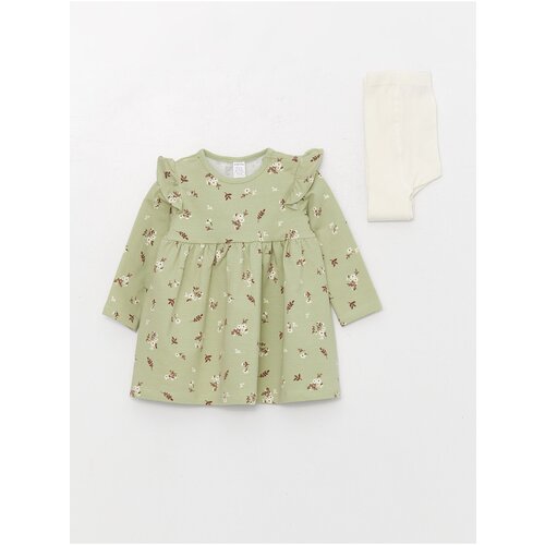 LC Waikiki Crew Neck Long Sleeved Printed Baby Girl Dress and Pantyhose 2-Pair Set Cene