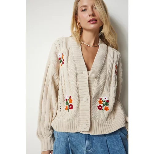 Happiness İstanbul Women's Cream Embroidery Knitted Pattern Sweater Cardigan PA0009
