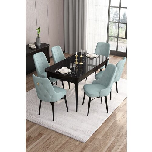 Hanah home Are - Black Marble, Sea Green Black MarbleSea Green Extendable Dining Table & Chairs Set (7 Pieces) Cene