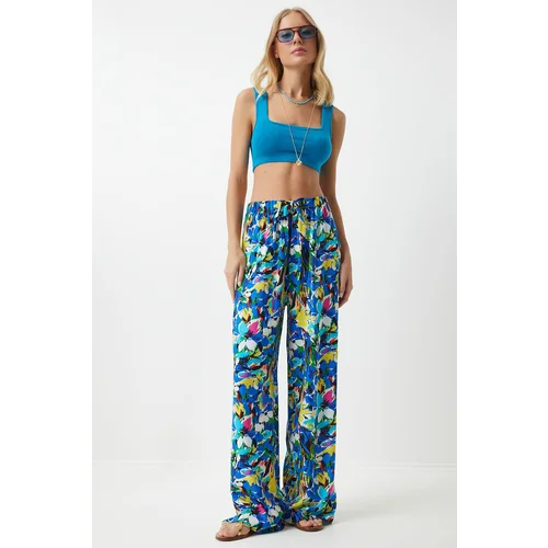  Women's Yellow Blue Patterned Loose Viscose Palazzo Trousers