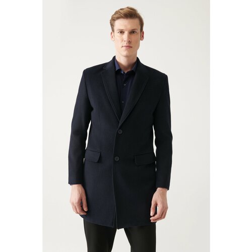Avva Men's Navy Blue Slit Woolen Cachet Comfort Fit Relaxed Cut Coat Slike