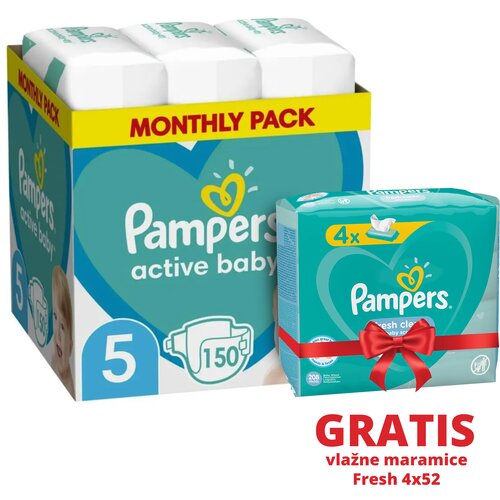 Pampers Pelene 5, Monthly, 150/1 + Vlažne maramice Fresh 4x52 Slike