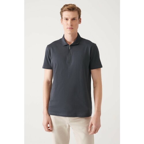Avva Men's Anthracite 100% Cotton Zippered Standard Fit Normal Cut Polo Neck T-shirt Cene