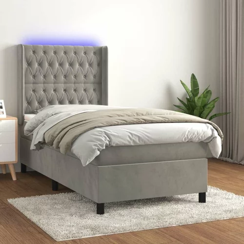 Krevet box spring s madracem LED svjetlosivi 100x200 cm baršun
