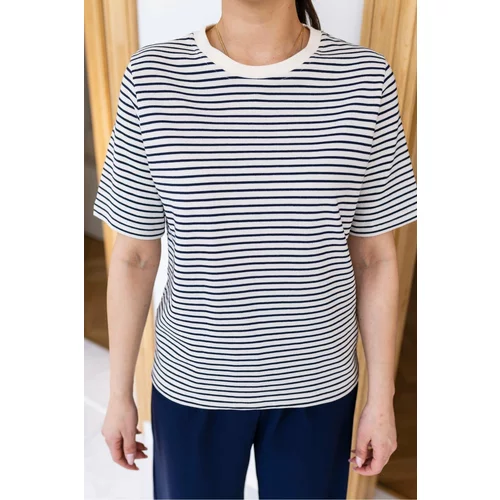 Laluvia Ecru-Navy Blue Striped Crew Neck Cotton T-Shirt