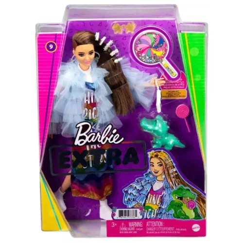 Barbie Extra - lutka v modri jakni z naborki in s hišnim ljubljenčkom krokodilom