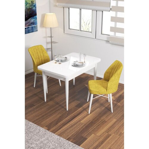 Hanah home trpezarijski set Arp, sto i 2 stolice, bela ploča, senf žuta tkanina Babyface Cene
