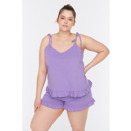 Trendyol Curve Lilac Ruffle Detailed Strap Knitted Pajamas Set Slike
