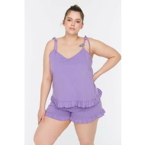 Trendyol Curve Lilac Ruffle Detailed Strap Knitted Pajamas Set