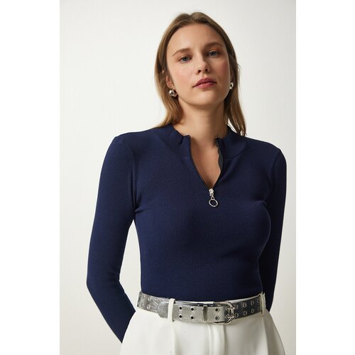  Women&amp;#039;s Navy Blue Zipper Collar Knitted Blouse Slike