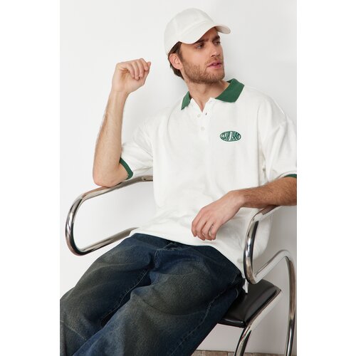 Trendyol Ecru Men's Oversize/Wide Cut Text Embroidered Towel Fabric Buttoned Polo Collar T-Shirt Cene