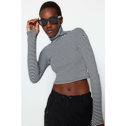 Trendyol Black and White Striped Fitted Turtleneck Finger Detail Ribbed Flexible Knitted Blouse