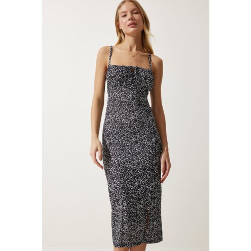  Women&amp;#039;s Black and White Floral Slit Summer Knitted Dress Slike
