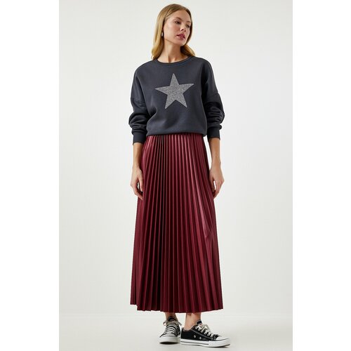 Happiness İstanbul Women's Burgundy Shiny Surface Pleated Knitted Skirt Slike