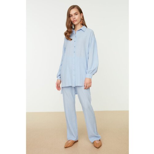 Trendyol Blue Shirt Collar Back Long Wide Leg Woven Bottom-Top Suit Slike