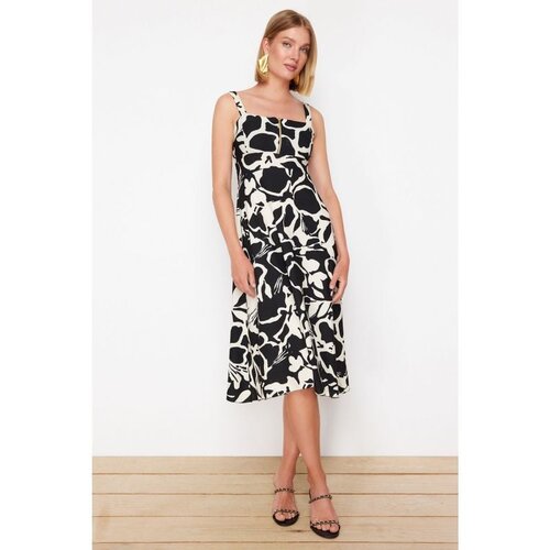 Trendyol Black Printed Thick Strap Zippered Midi Knitted Dress Cene