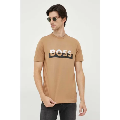 Boss Bombažna kratka majica bež barva