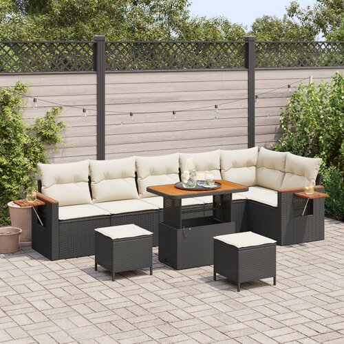 vidaXL 9-delni vrtni sofa set s blazinami črn poli ratan akacija Cene