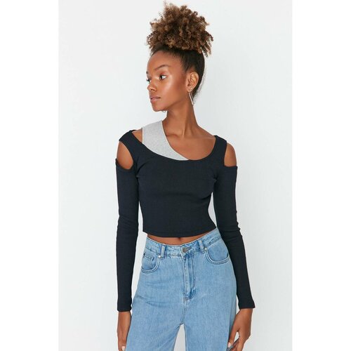 Trendyol Navy Blue Cut Out and Color Block Detailed Corduroy Knitted Blouse Slike
