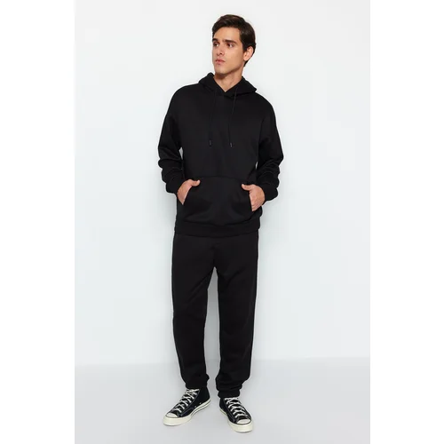 Trendyol Black Men's Oversized Basic Basic Hoodie with Elastic Legs, Basic Inside, Soft Pile Cotton Tracksuit Set.