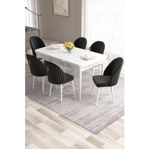 Hanah home Roz - White, Black WhiteBlack Extendable Dining Table & Chairs Set (7 Pieces) Cene