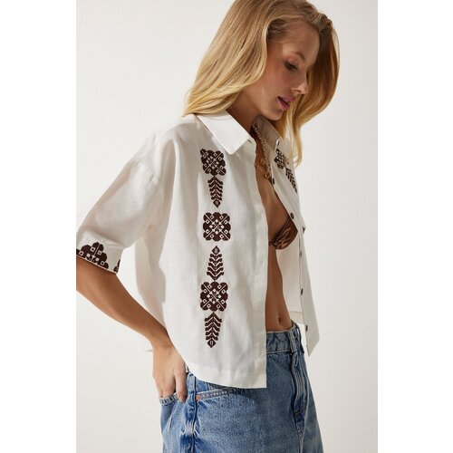  Women&amp;#039;s Ecru Embroidered Short Linen Shirt RG0009 Slike