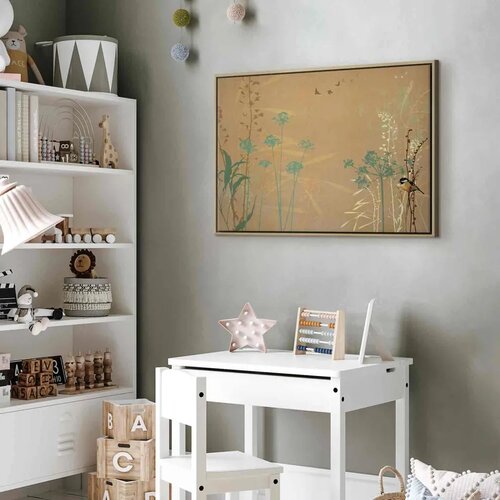  Slika - Tiny Bird - Colorful Grasses in Golden Shades of Sunset 120x80 U prirodnom drvenom okviru Slike
