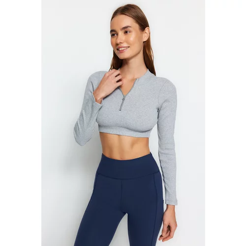 Trendyol Gray Melange Ribbed and Zipper Detailed Yoga Sports Top