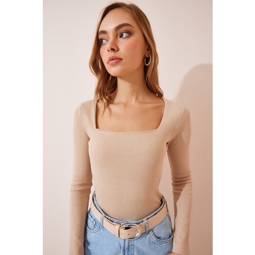  Women&amp;#039;s Cream Square Neck Ribbed Knitted Blouse Slike