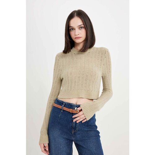 Defacto Women's Regular Fit Crop Crew Neck Knitted Hole Knitwear Sweater Cene