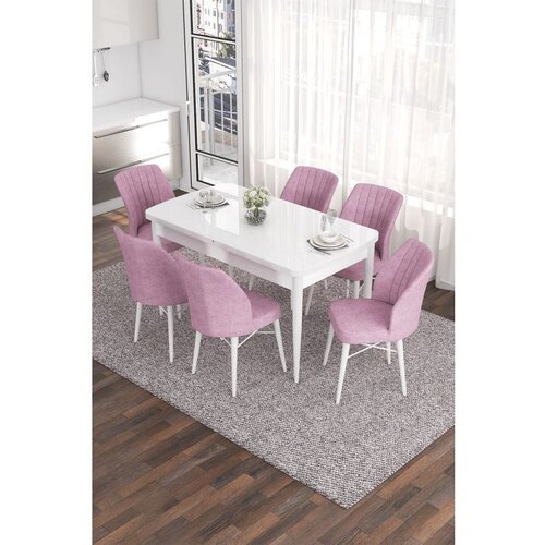 Hanah home Eva - White, Pink WhitePink Extendable Dining Table & Chairs Set (7 Pieces) Cene