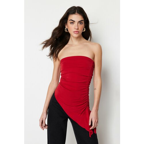Trendyol Red Strapless Gathered Detailed Fitted/Sleeved Knitted Blouse Cene