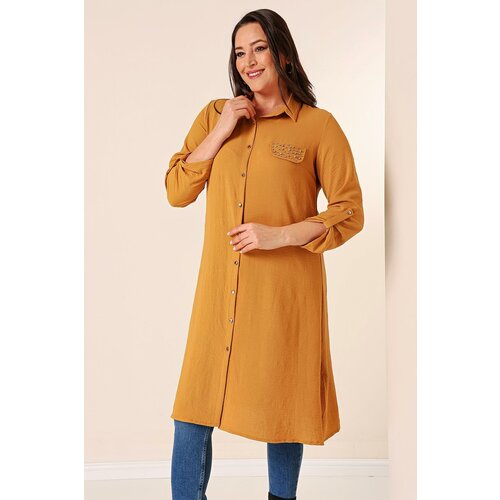 By Saygı Front Buttoned Three Quarter Sleeve Pearl Detailed Plus Size Ayrobin Long Tunic Slike