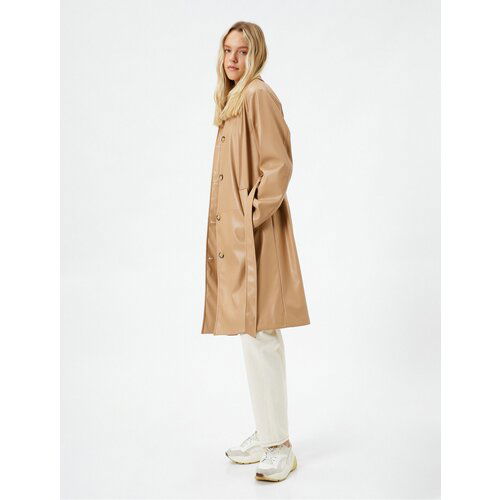 Koton Trench Coat Leather Look Midi Length Belt Detailed Pocket Buttoned Slike