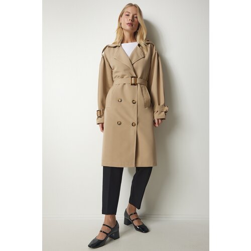 Happiness İstanbul Women's Beige Double Breasted Collar Trench Coat with a Belt Slike