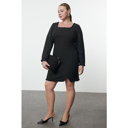 Trendyol Curve Black Square Collar Long Sleeve Finike Mini Woven Plus Size Dress Slike