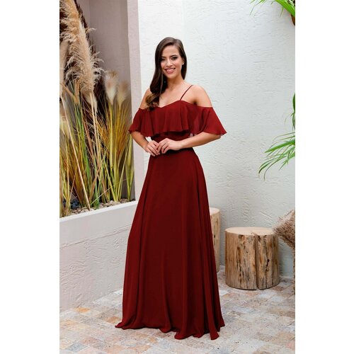 Carmen Claret Red Evening Dress with Low Sleeves and Straps Slike