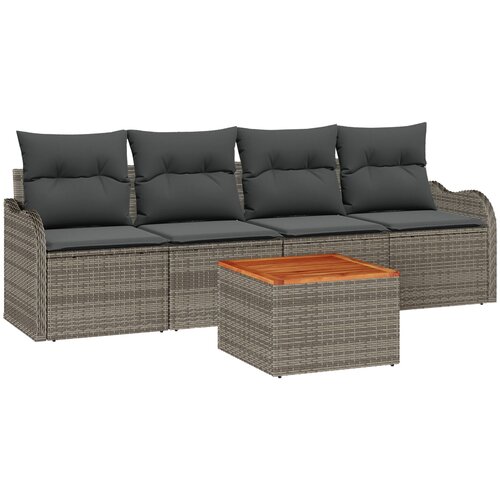 VidaXL 5-dijelni set vrtnih sofa s jastučićima Siva Poli ratan Akacija, 2-slojna vrtna sofa s jastučićima Siva Poli ratan Slike