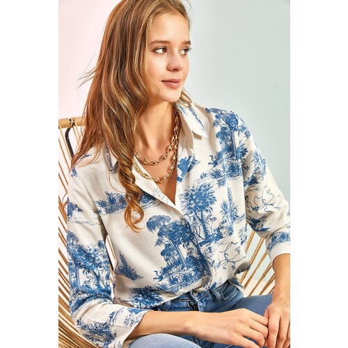 Bianco Lucci Women&amp;#039;s Forest Illustration Linen Shirt with Fold Sleeves Slike