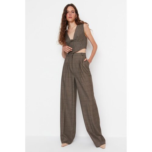 Trendyol Limited Edition Brown Plaid High Waist Woven Trousers Slike