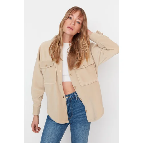 Trendyol Beige Fleece Thick Oversize Knitted Jacket