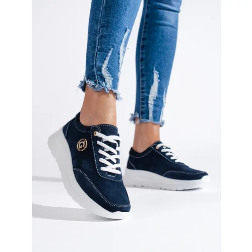 Shelvt Navy blue leather trainers