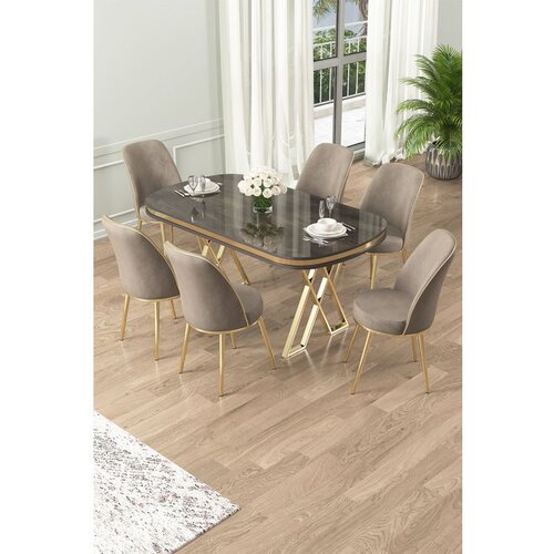 Hanah home Lai - Anthracite, Gold, Cappuccino AnthraciteGoldCappuccino Dining Table & Chairs Set (7 Pieces) Cene