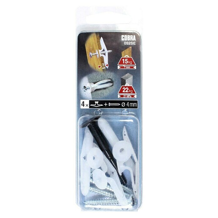 COBRA Komplet nagibnih moznikov Nylon Toggle S (Premer zidnega vložka: 4 mm, Skupno &scaron;tevilo delov: 4 kos, Z vijaki, Nosilnost: 15 kg) Cene