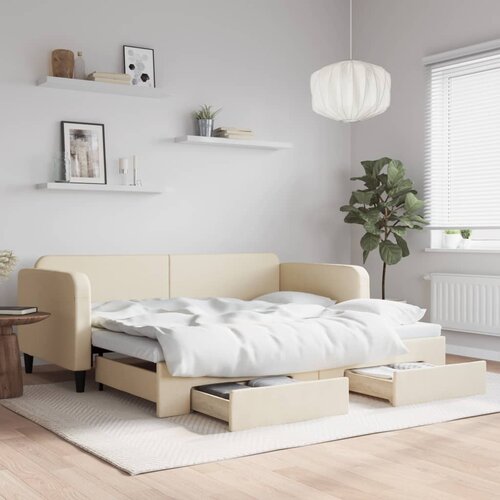 VidaXL Izvlečna dnevna postelja s predali krem 90x200 cm blago Slike